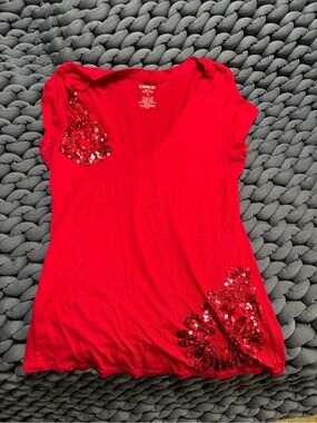Express Red V-Neck Sequin Accent Tee
